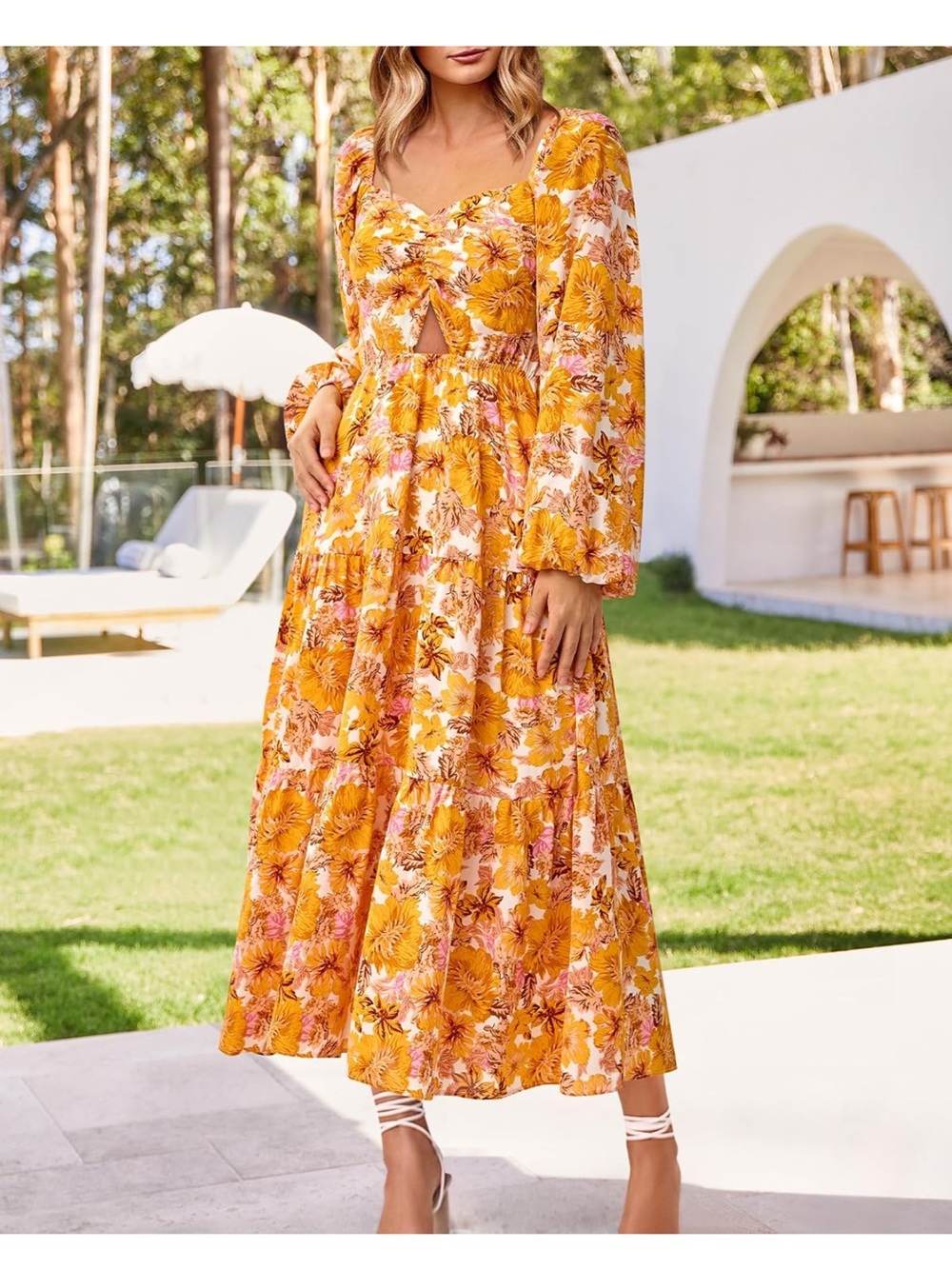Golden Floral Tie-Front Maxi Dress